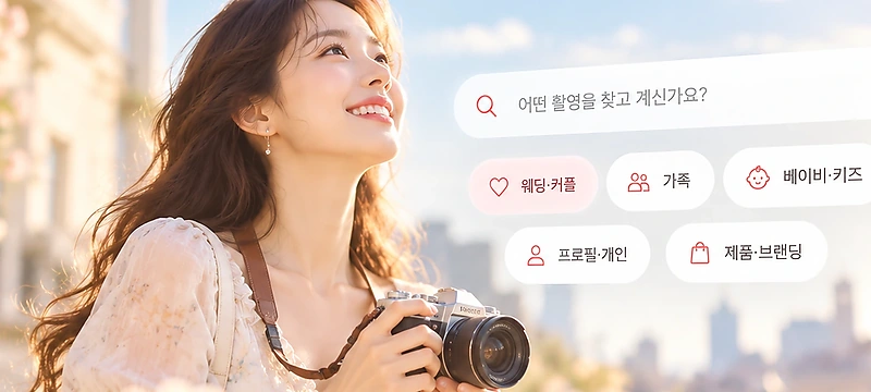 카메라를 든 촬영자와 스냅허브 촬영 카테고리 안내