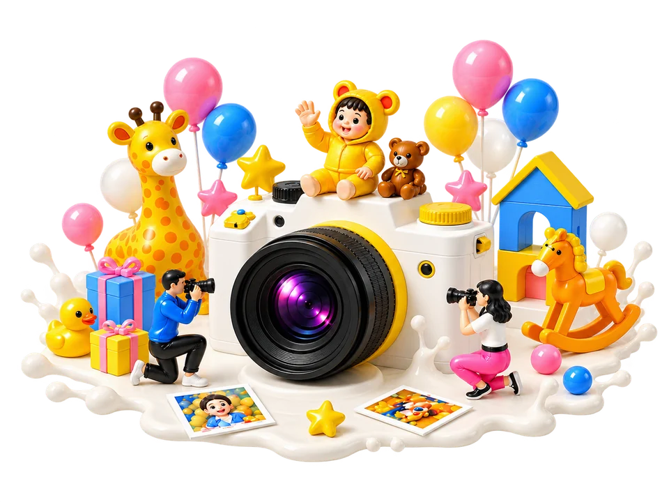 베이비와 키즈 촬영을 표현한 카메라 미니어처 스튜디오 비주얼